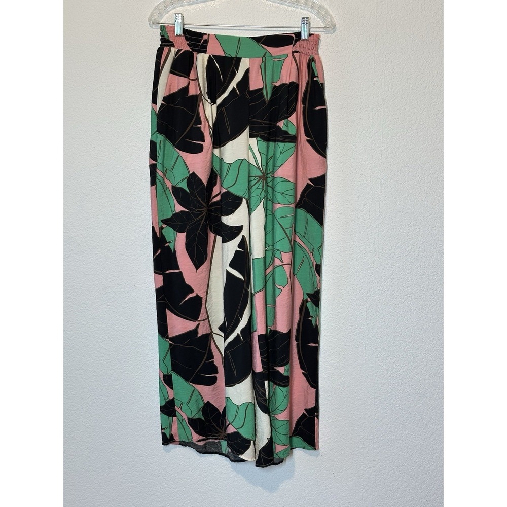 Womens M 8-10 Wide Leg Floral Pants Pink Green Lightweight Pockets Travel Resort